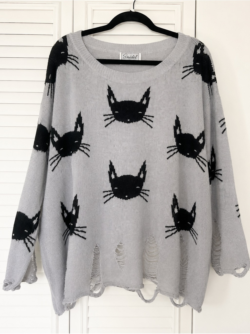 Snidel Gray Black Cat Face Distressed Knit Sweater Oversized Cozy Pullover